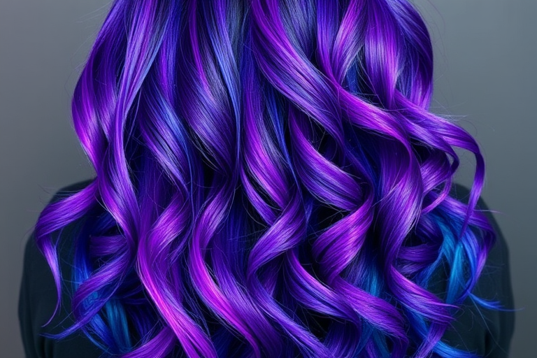 Intense purple to blue ombre style called "Twilight Galaxy" with long layers, vibrant color transition from deep violet roots to electric blue ends, soft spiral curls cascading down back, starry glitter accents scattered throughout