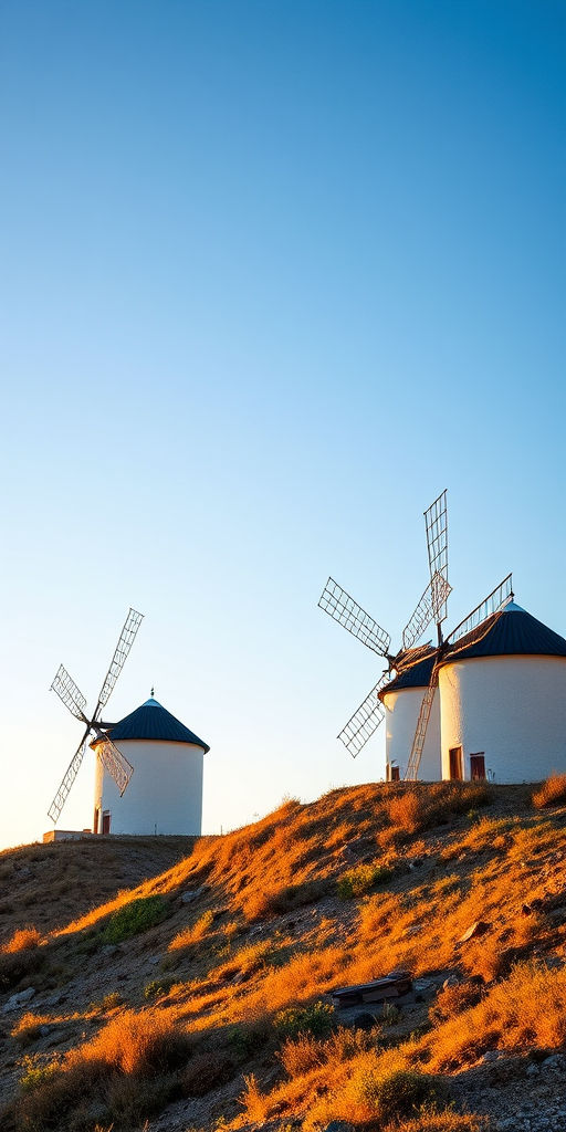 Create an image of three traditional windmills on a hillside during golden hour, using a DSLR camera, 35mm lens, aperture f/8, ISO 100, shot from a low angle to capture the vibrant landscape and clear blue sky.