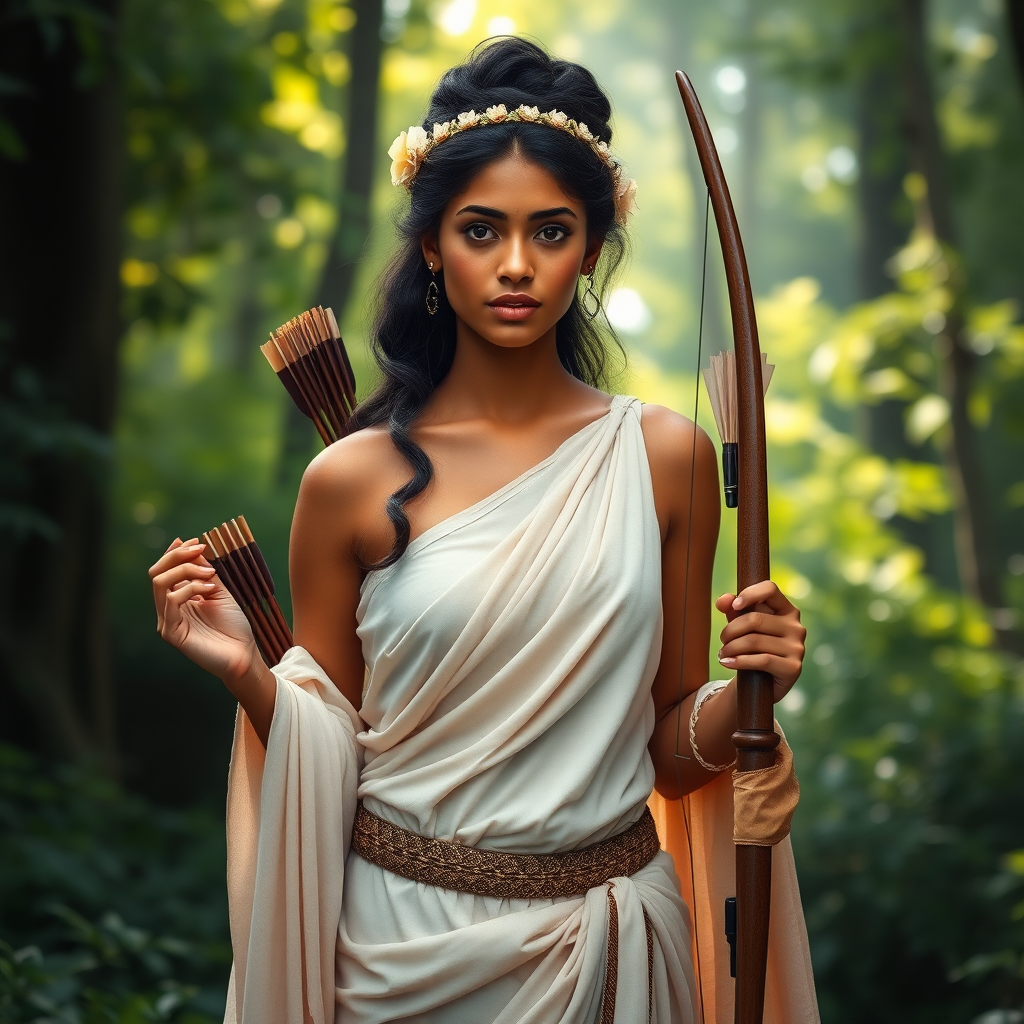 Create a portrait of a goddess-like Indo-Caribbean girl figure in a tranquil, forested environment. She has an elegant appearance with long, wavy hair styled in an updo and adorned with a delicate, floral headband. She wears a flowing, ancient Greek-inspired gown in a soft, pale color, featuring a one-shoulder design and draped fabric that accentuates her graceful form. The outfit includes a decorative belt with ornate gold detailing, and she holds a bow in her hand, with a quiver of arrows slung over her shoulder. The background depicts lush greenery, with sunlight filtering through the trees, casting a gentle, ethereal light on the scene. Her expression is calm and contemplative, embodying a sense of wisdom and serenity.