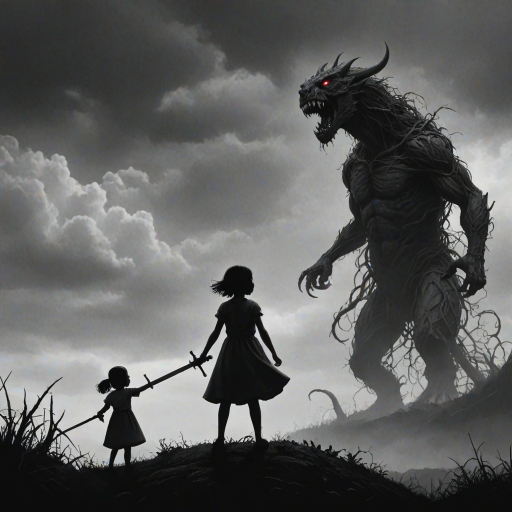 Fight your fears illustration of black and white minimalist of a little girl standing on a hill, raising a sword in hand, she is facing a large menacing creature with large head, sharp teeth and sharp claws, its body is made of vines and roots. The background is a cloudy sky with a hint of smoke or fog. The overall mood of the image is dark and eerie.