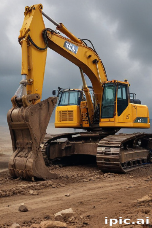 Large Yellow Excavator Working on a Construction Site Under Cloudy Sky