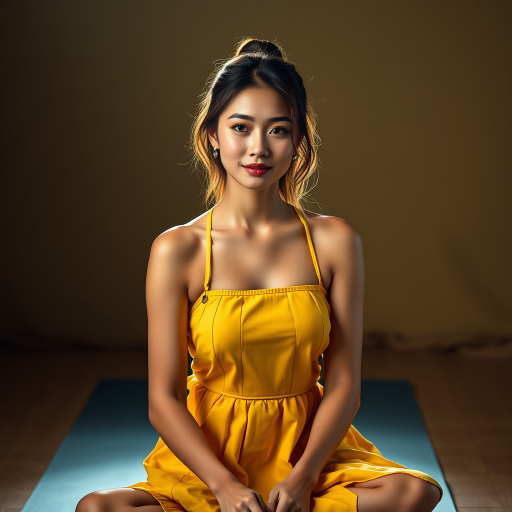Resplendent photo of woman:Chinese:0.4, highlight hair, wearing Banana dress, sitting on Yoga mat, rim lighting, studio lighting, looking at the camera, dslr, ultra quality, sharp focus, tack sharp, dof, film grain, Fujifilm XT3, crystal clear, 8K UHD, highly detailed glossy eyes, high detailed skin, skin pores