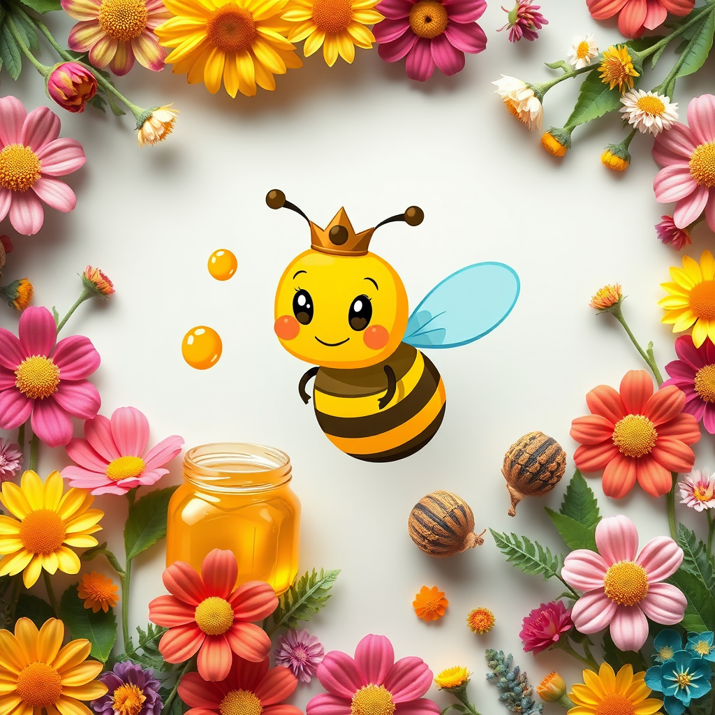 Generate a high-resolution illustration of a cartoon bee with a crown, a jar of honey, honey drippers, and vibrant flowers in a colorful layout, using a Canon EOS R5 camera at f/2.8, 1/125s, ISO 100, in a flat lay style for enhanced image quality.
