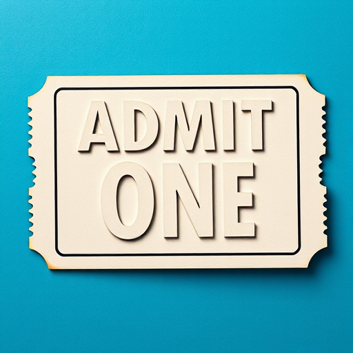 Create a ticket with the text "ADMIT ONE" in large, bold letters on a blue background, using a high-resolution 50mm lens at f/2.8, taken from a straight-on angle with a DSLR camera to enhance details and clarity.