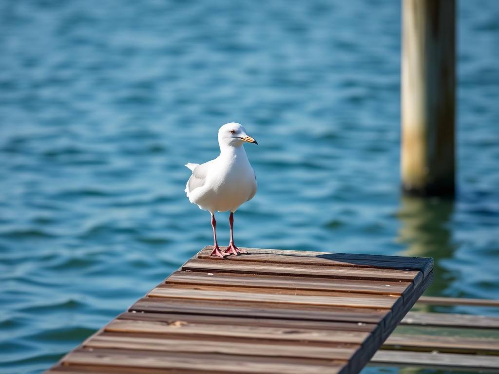 A seagull standing on a wooden pier over calm blue water, natural lighting, 50mm lens, f/4 aperture, ISO 200, shallow depth of field, shot on a DSLR.