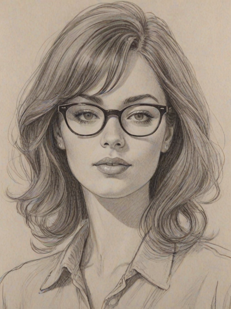Enchanting Erica Cerra, pencil sketch, portrait of Sublime woman 1965s in glasses, hair style beatnik, outline, clear lines, fine lines, 8k