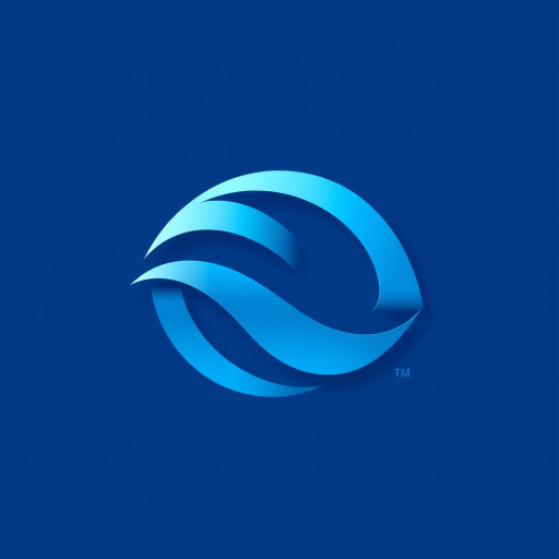 Create a high-resolution vector graphic of an abstract blue logo resembling a stylized wave or movement, with smooth gradients and a sleek design, using a Canon EOS R5 camera, 50mm lens, f/2.8 aperture, ISO 100, and soft natural lighting.