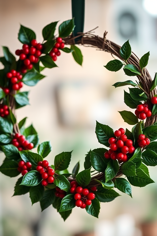 regenerate the image of a circular holiday wreath with holly leaves and berries, using a DSLR camera, f/2.8 aperture, 50mm lens, natural lighting, and a soft focus background