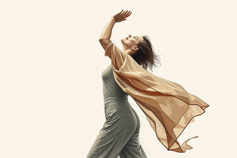 Create a dynamic sketch of a figure in a flowing garment reaching upward, set against a neutral background, captured with a Canon EOS R5 at 50mm, f/1.8 aperture, ISO 100, and a soft focus to enhance details and texture in the fabric while maintaining a warm color palette.