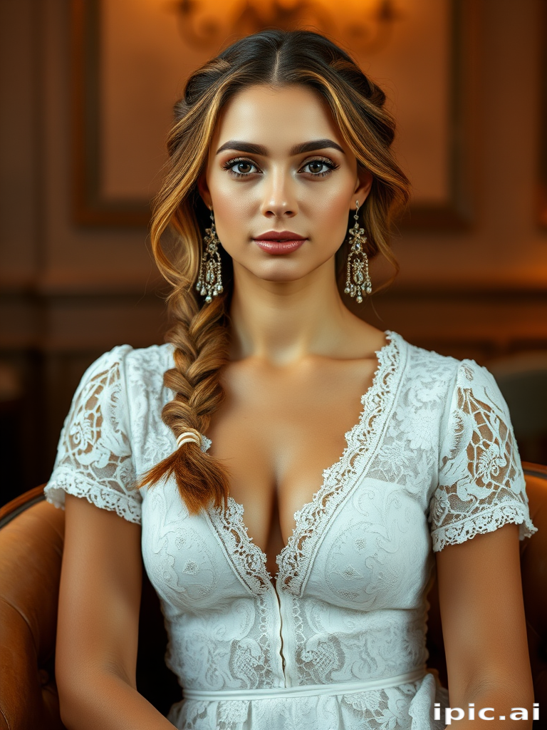 Create a portrait of a refined and elegant woman seated in a sophisticated setting. She has long, wavy hair styled in two thick braids that are pulled over her shoulders. She wears a white, lace gown with intricate patterns, featuring a deep V-neckline and short sleeves. The dress exudes a vintage charm with its delicate lacework. She is adorned with ornate, dangling earrings that add a touch of glamour to her appearance. The background is softly lit, with warm, ambient lighting that creates a cozy and inviting atmosphere. Her expression is poised and serene, capturing a sense of grace and elegance.