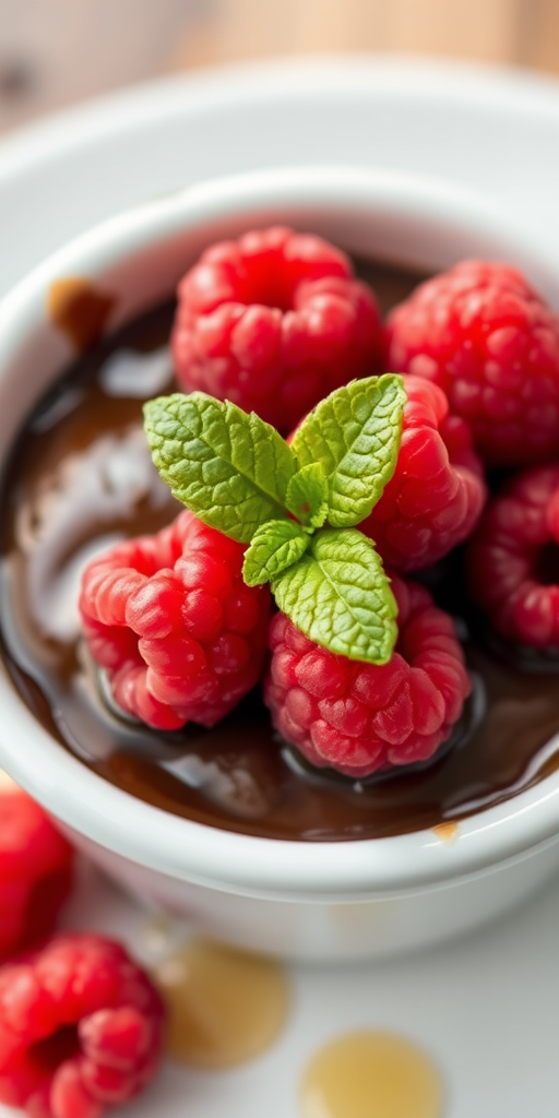 A close-up shot of a chocolate dessert topped with fresh raspberries, a drizzle of honey in a small bowl, with a mint leaf for garnish, taken with a DSLR camera at f/2.8 aperture, ISO 100, and a 50mm lens, natural light to enhance the textures and colors.