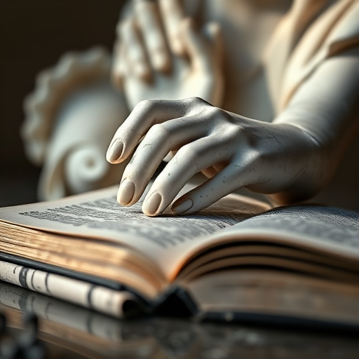 Capture a close-up of a marble sculpture's hands resting on an open book, with soft lighting, f-stop 2.8, ISO 100, 50mm lens, shallow depth of field, taken with a DSLR camera in a natural light setting.