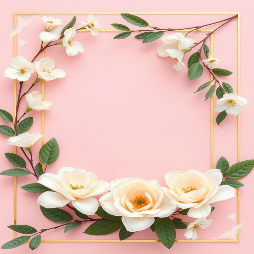 create a floral frame design with soft pink background, white and cream flowers, green leaves, gold border, 50mm lens, f/2.8 aperture, ISO 100, natural lighting, close-up shot, high-resolution digital illustration