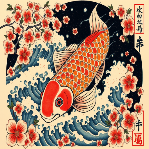 Traditional Japanese irezumi tattoo called "Koi's Journey" showcasing a large, colorful koi fish swimming through turbulent waves and cherry blossoms, with intricate background details and symbolic elements woven throughout the composition