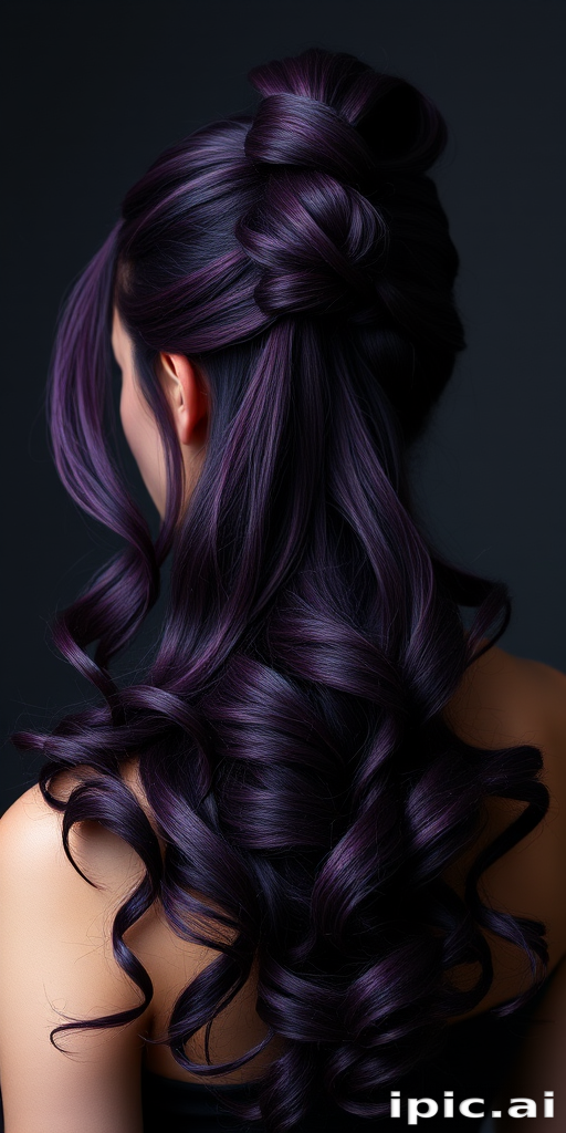 Mysterious deep purple-haired enchantress with a sleek, high ponytail featuring wrapped sections and cascading curls