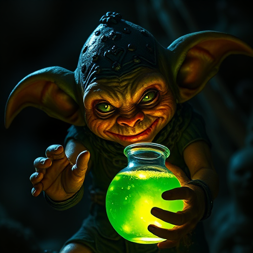 A goblin holding a glowing potion in a dark, eerie setting with detailed textures, sharp focus, dramatic lighting, shot with a DSLR camera at f/2.8, ISO 100, 50mm lens, low-angle view, high dynamic range for enhanced quality.