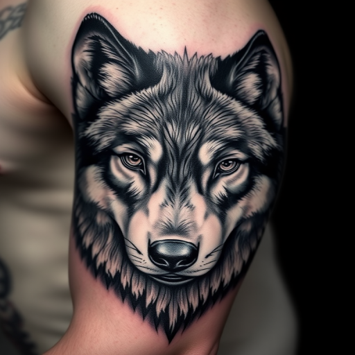 Realistic grayscale tattoo portraying a lifelike wolf's piercing gaze on the bicep, with hyper-detailed fur textures and shadowing techniques for depth and dimension