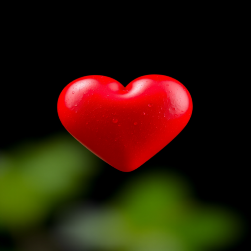 create a vibrant red heart on a black background with high contrast, using a DSLR camera, 50mm lens, f/1.8 aperture, ISO 100, natural lighting, focus on the heart with a soft bokeh effect in the background