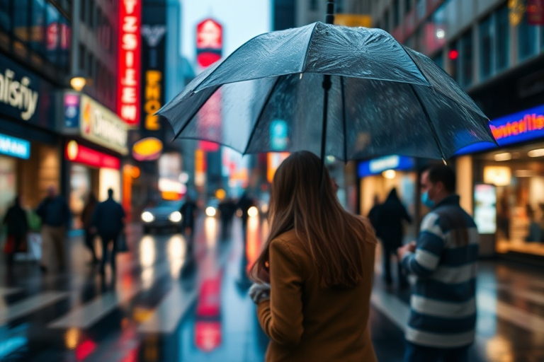 Blurry, candid photo of a couple sharing an umbrella in a bustling city street, soft glow from neon signs reflecting on the wet pavement, the sound of raindrops hitting the ground, and the warmth of shared intimacy.