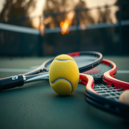 Generate a high-resolution image of a close-up shot of a tennis ball and rackets on a tennis court, with a shallow depth of field, taken with a Canon EOS R5 at f/2.8, 1/1000s shutter speed, ISO 100, natural lighting during golden hour for enhanced color vibrancy and detail.