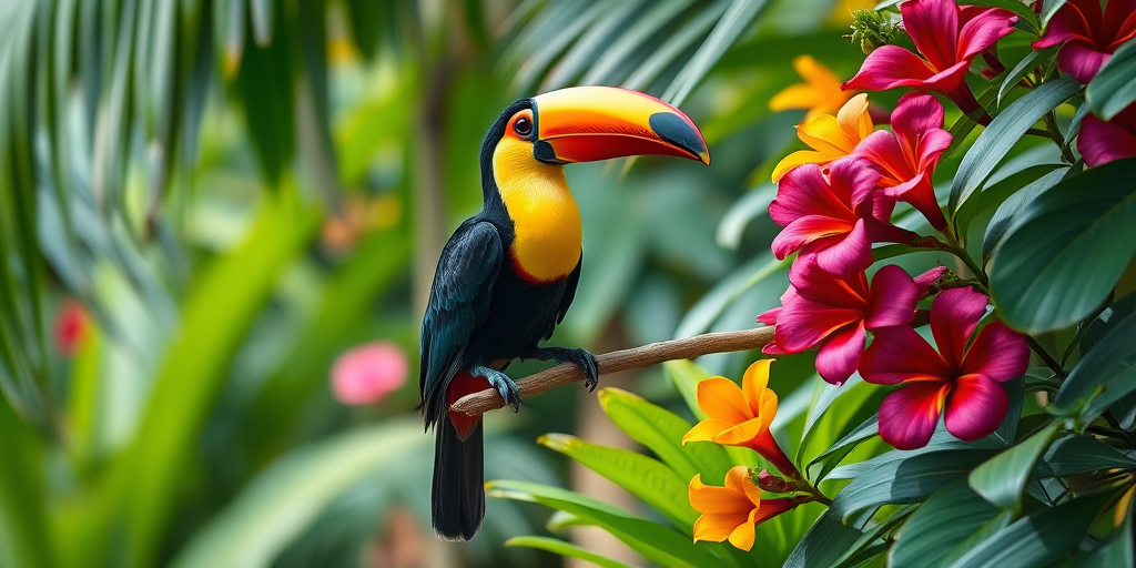 Create a vibrant tropical scene featuring a toucan perched on a branch surrounded by colorful flowers and lush greenery, captured with a Canon EOS 5D Mark IV, 50mm lens, f/2.8 aperture, ISO 100, and a shallow depth of field for enhanced detail and richness in colors.