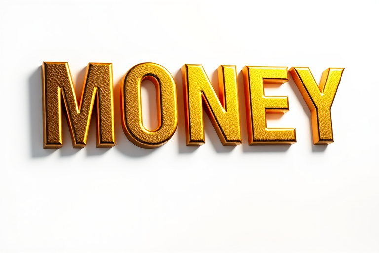 Create a hyper-realistic 3D rendering of the word MONEY in shiny gold metallic texture with dramatic lighting, using a DSLR camera with a 50mm lens at f/1.8, ISO 100, and 1/200s shutter speed, shot from a slightly elevated angle against a plain white background for enhanced clarity and detail.