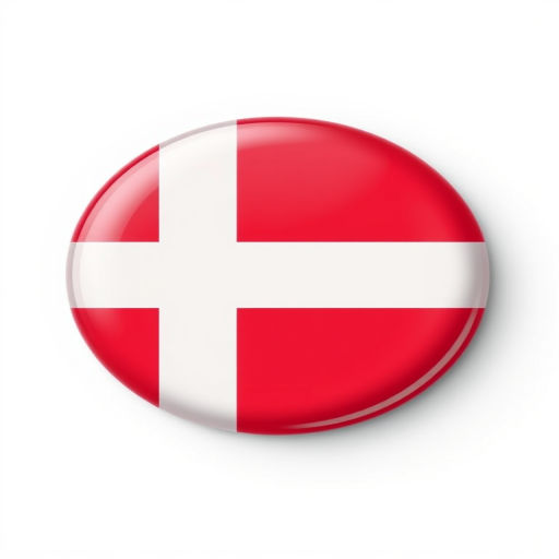 Create a high-resolution image of the Danish flag in a glossy button style with soft shadows, using a DSLR camera in portrait view, aperture f/4, ISO 100, shutter speed 1/125s for sharp detail and vibrant colors.