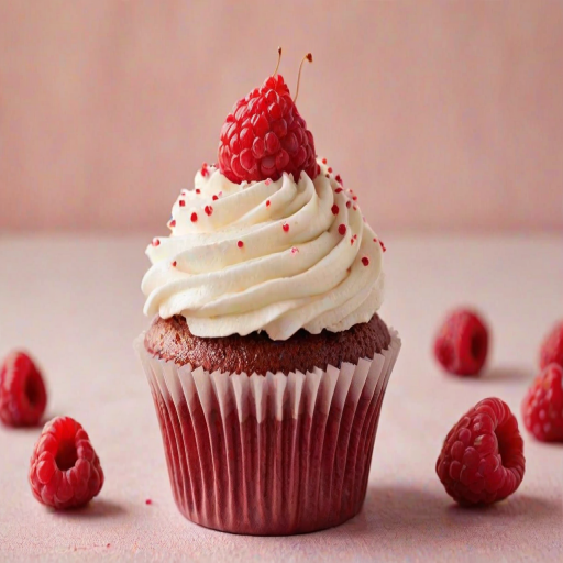 Create a vibrant and appetizing image of a cupcake topped with creamy frosting. The cupcake should be adorned with fresh raspberries and a sprinkle of red edible decorations. The background should be soft and blurred to emphasize the cupcake, making it look delicious and inviting.
