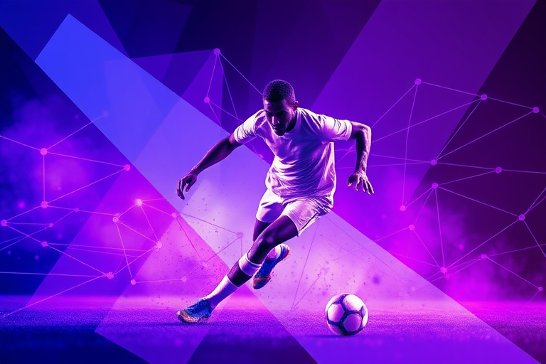 Create an abstract digital art piece featuring a football player in dynamic motion, incorporating vibrant purple and blue color gradients, with sharp geometric shapes and a network of connecting lines, captured with a Canon EOS R5, 35mm lens, f/1.8 aperture, ISO 400, shot from a slightly low angle to emphasize the action.