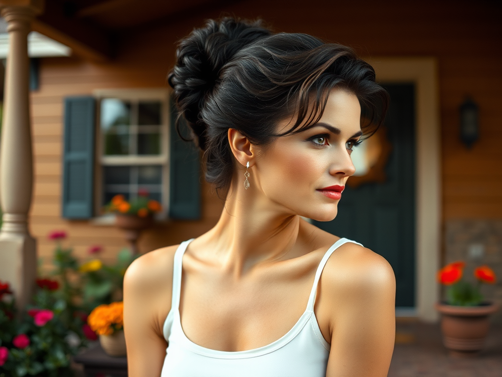 A photo of Rita Hayworth with a background of a cozy porch. She has dark hair pulled back in an updo, with tendrils framing her face. She wears a white tank top and sits on the porch. The porch is part of a well-lit home with a warm, earthy tone and colorful flowers and foliage. The overall scene has a warm, welcoming, and comfortable ambiance.