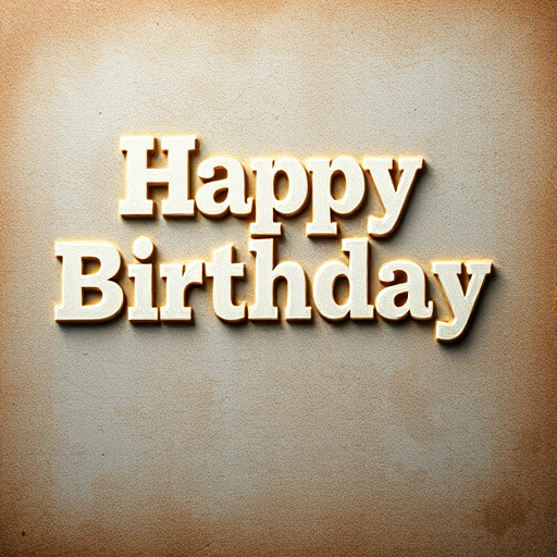 Create an artistic representation of the text "Happy Birthday" embossed on a textured vintage background, using a DSLR camera, ISO 100, aperture f/4, shutter speed 1/60s, with a macro lens to capture fine details and a soft focus effect.