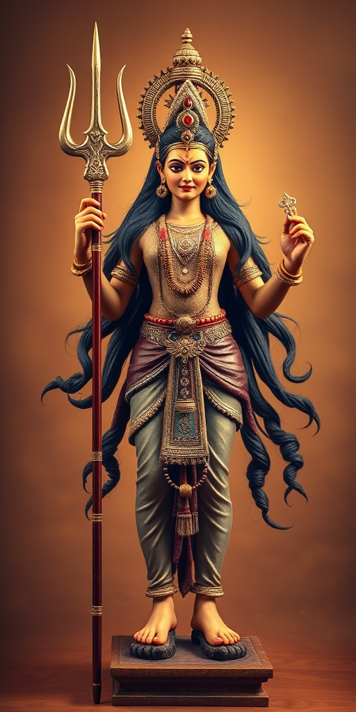 Create an image of a majestic Hindu deity standing tall with a trident, long flowing hair, intricate jewelry, and traditional attire, set against a warm, neutral background, captured with a DSLR camera, 50mm lens, f/2.8 aperture, and soft lighting to enhance colors and details.