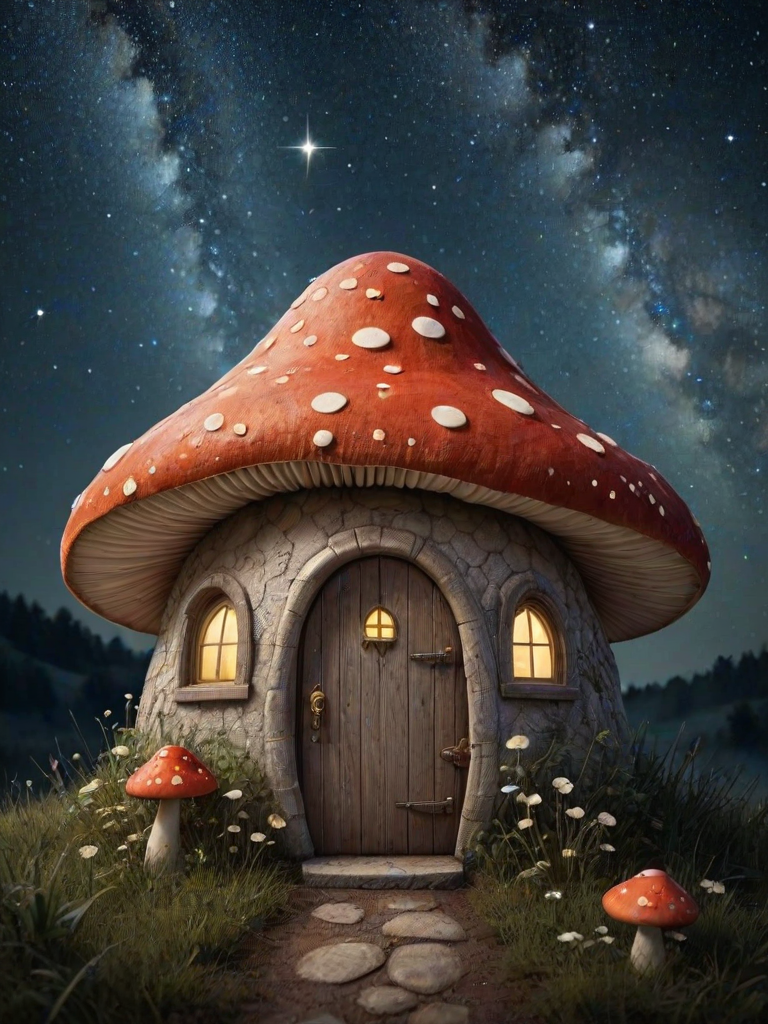 this photo is illustration of a mushroom house with a door and a window, a storybook , fantasy art, mushroom house, bg starry sky, sparkles