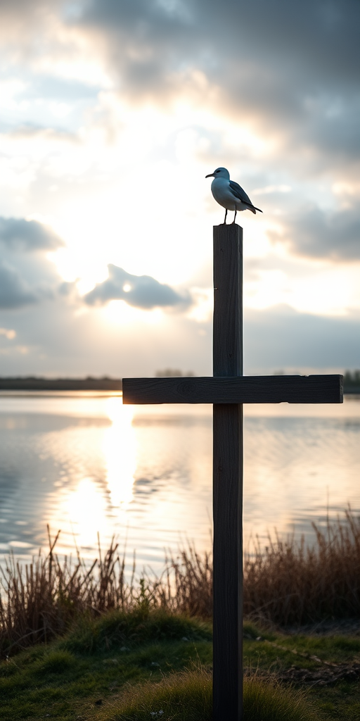 Create an image of a wooden cross standing by a calm river under a cloudy sky at sunrise, with a gull perched on top, shot with a Canon EOS R, 50mm lens, f/1.8 aperture, ISO 100, 1/200 sec exposure, using a wide-angle view for depth and softness in the background.
