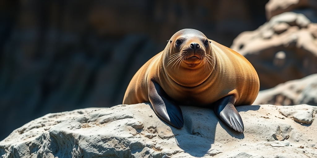 Generate an image of a sea lion lounging on a rock with bright sunlight, shallow depth of field, 50mm lens, f/2.8 aperture, ISO 100, captured with a DSLR camera, vibrant colors and sharp details.