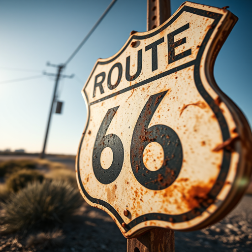 Create a high-resolution image of a weathered Route 66 sign with visible rust and dirt textures, taken from a low-angle view using a DSLR camera, f-stop 8, ISO 100, and 50mm lens for sharpness and detail.
