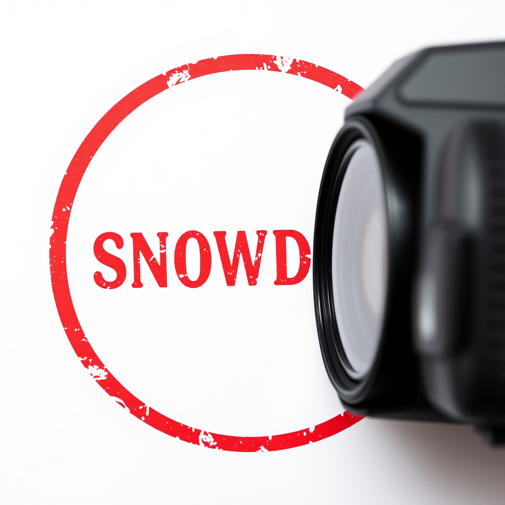 Create an image of a red circular stamp with the word "SNOWDON" in bold capital letters inside, using a DSLR camera with a 50mm lens, aperture f/2.8, shutter speed 1/100s, and ISO 100, focus on a clean white background for high contrast and clarity.