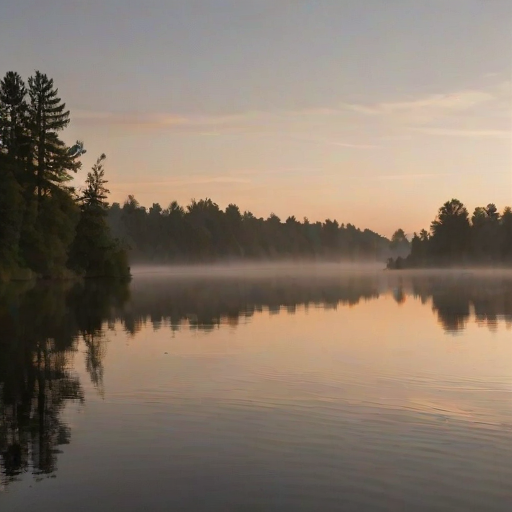 Softly focused image of a fisherman casting a line into a calm river at dusk, soft golden light from the setting sun reflecting on the water's surface, with distant trees barely visible through the mist.