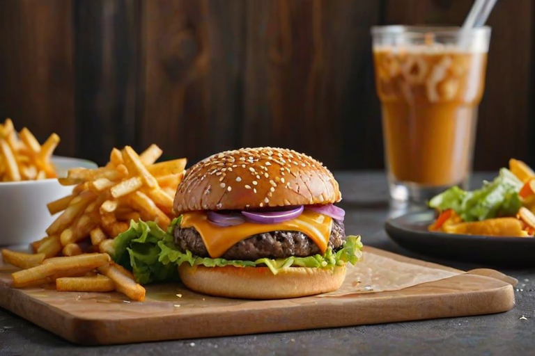 High-resolution, close-up image of a gourmet double cheeseburger. The burger features a glossy, sesame-seed-topped brioche bun. Inside, there are two thick, juicy beef patties, each topped with melted cheddar cheese. The burger is garnished with fresh lettuce, tomato slices, diced onions, and pickles. A generous amount of ketchup and a creamy, orange-colored sauce is dripping down the sides, adding to the mouth-watering appeal. In the background, there are blurred elements including a side of golden French fries and a hint of a beverage, enhancing the overall presentation of a delicious meal.