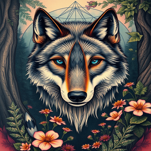 Illustrative realism tattoo titled "Nature's Guardian" depicting a majestic wolf with piercing blue eyes emerging from a lush forest scene, rendered in stunning detail with lifelike fur textures and subtle color gradients, surrounded by intricate foliage and delicate wildflowers, incorporating elements of sacred geometry in the background to symbolize the interconnectedness of all living things, perfect for nature lovers seeking a breathtaking and meaningful tattoo that celebrates the beauty and power of the natural world