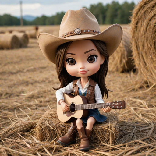 A chibi angelina jolie, dressed as a cowboy, playing guitar, sitting on a hay bale