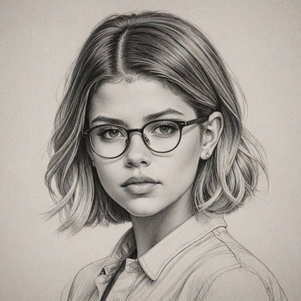 Alluring Sofia Richie, pencil sketch, portrait of Enticing woman 1922s in glasses, hair style beatnik, outline, clear lines, fine lines, 8k