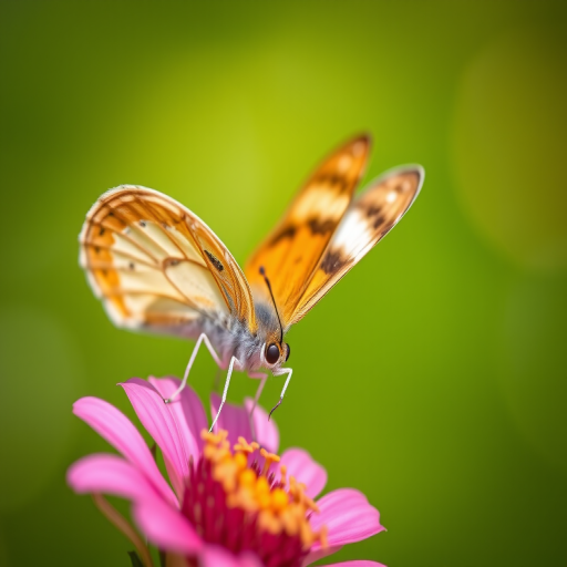 close-up shot of a butterfly perched on a flower with a blurred green background, aperture f/2.8, shutter speed 1/500s, ISO 200, macro lens, soft focus, natural light