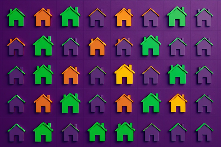 Create a high-resolution digitally designed grid layout featuring various abstract house icons in green and yellow on a deep purple background, captured with a DSLR camera using a 50mm lens, f/2.8 aperture, ISO 100, in a top-down view with enhanced color saturation for vibrancy.