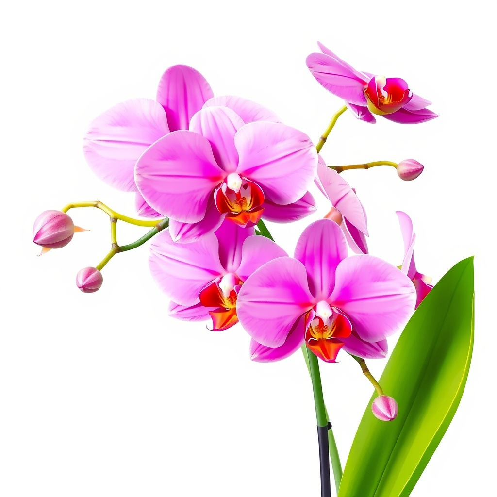 Regenerate an illustration of pink orchids with vibrant green stems and leaves in a clear, isolated background, using a DSLR camera with a 50mm lens, aperture f/2.8, ISO 100, in macro view for enhanced detail and clarity.