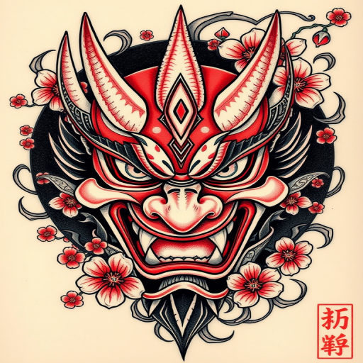 Traditional Japanese hannya mask tattoo with fierce expression and intricate details, surrounded by cherry blossoms and swirling wind patterns for a powerful and evocative design