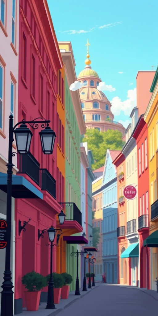 create a vibrant digital illustration of a charming street lined with colorful historic buildings, with street lamps in the foreground, soft morning light, 35mm lens, f/8 aperture, ISO 100, wide angle view, using a digital painting style