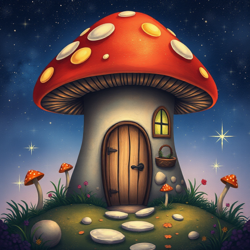 this picture is illustration of a mushroom house with a door and a window, a storybook , fantasy art, mushroom house, bg starry sky, sparkles