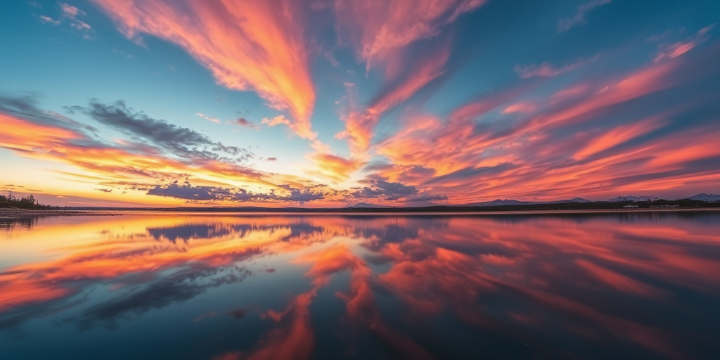 Generate an image of a serene landscape at sunset with vibrant colors, using a Canon EOS R5 camera with a 24-70mm lens, aperture f/8, ISO 100, 1/125s shutter speed, shot from a panoramic view to capture the expansive sky and reflection in a calm lake.