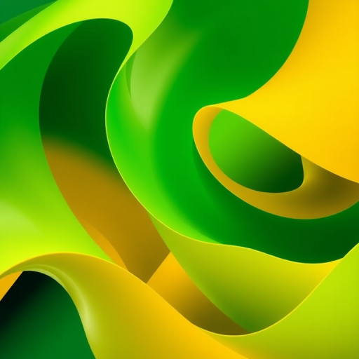 Create a vibrant, abstract image with bold shades of green and yellow, capturing dynamic shapes and flowing lines, using a DSLR camera with a wide-angle lens at f/8, ISO 100, and a shutter speed of 1/200 sec for enhanced clarity and detail.